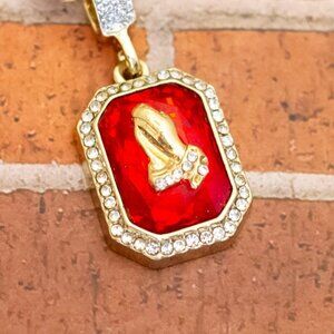 24 inch, Vintage Vibrant Red Gem Art Deco Praying Hands Gold Tone Necklace - W25
